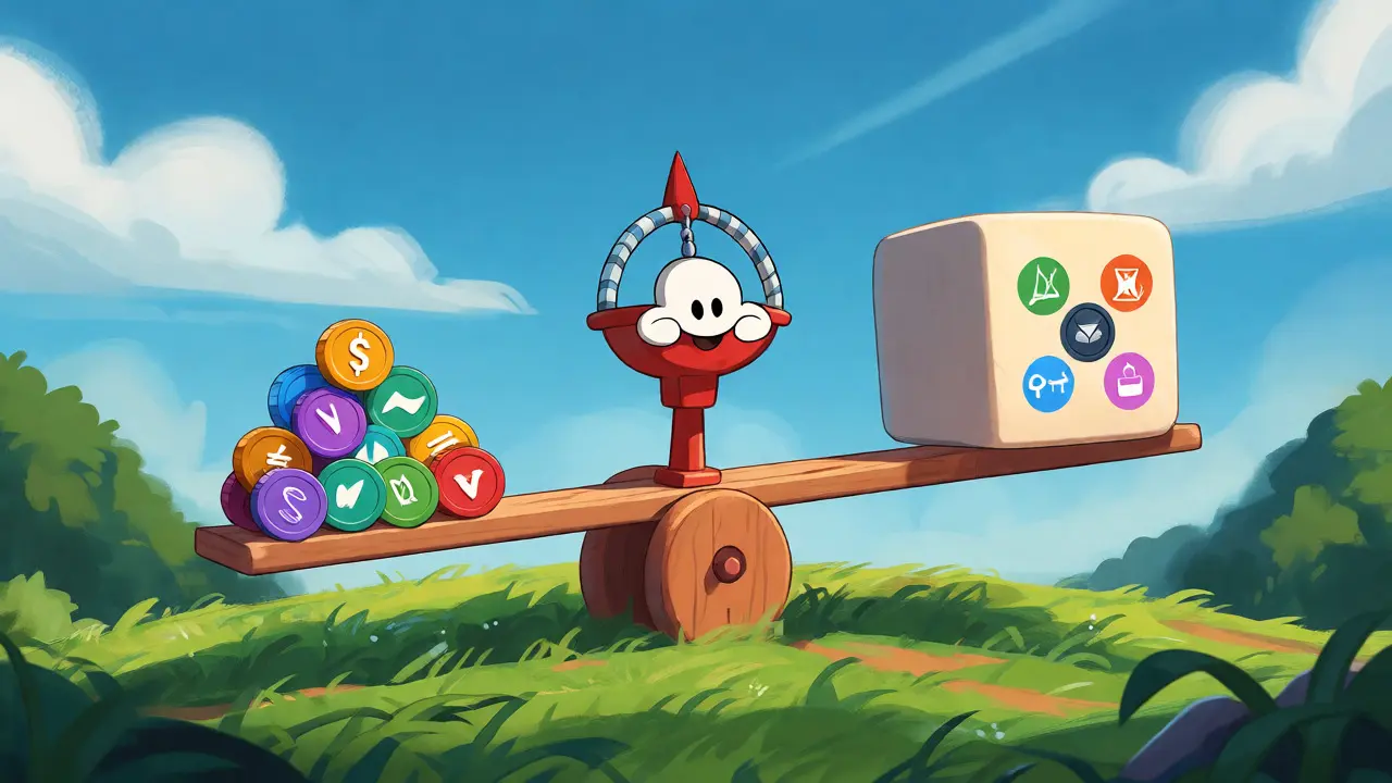 Whimsical seesaw balancing new crypto opportunities against established trust.