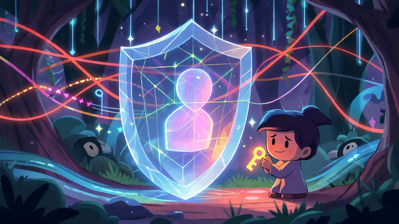 Whimsical shield protecting a user's identity amidst flowing cryptographic data streams.