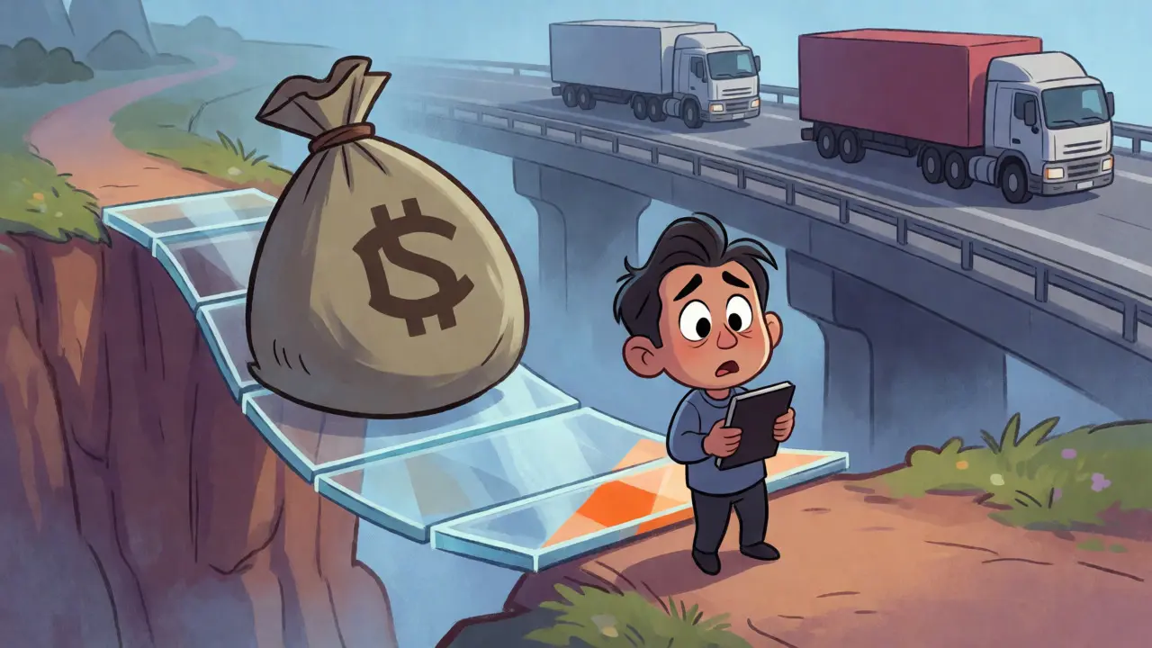 Worried trader sliding on a fragile bridge due to market slippage risks.