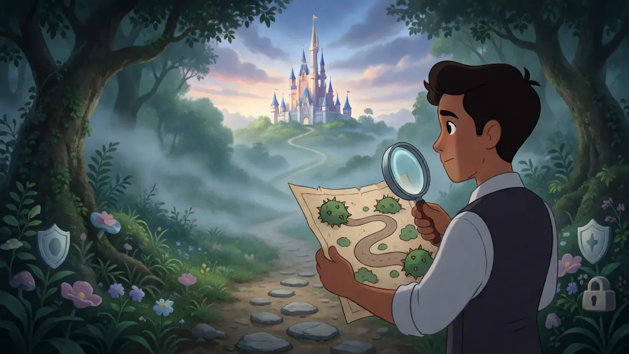 Young investor examining a map through a misty forest path leading to a shining castle.