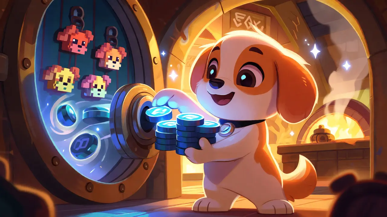 A cartoon puppy staking tokens to create pixelated dog NFTs in a magical bakery setting.