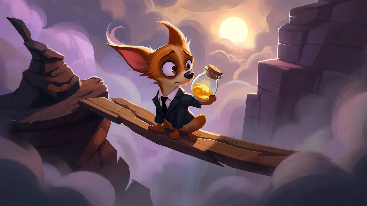 A nervous cartoon dog balancing a jar of coins on a plank over a misty canyon, symbolizing risk.