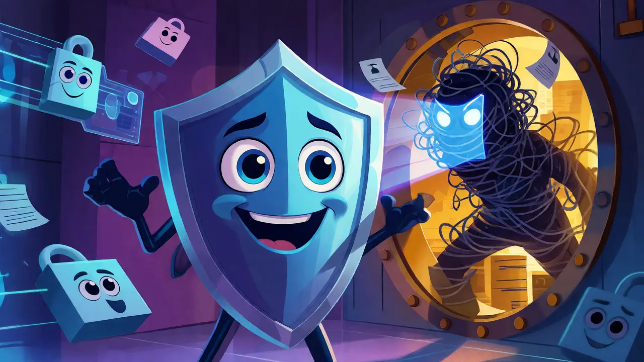 Animated shield blocking fraudsters with biometric scan
