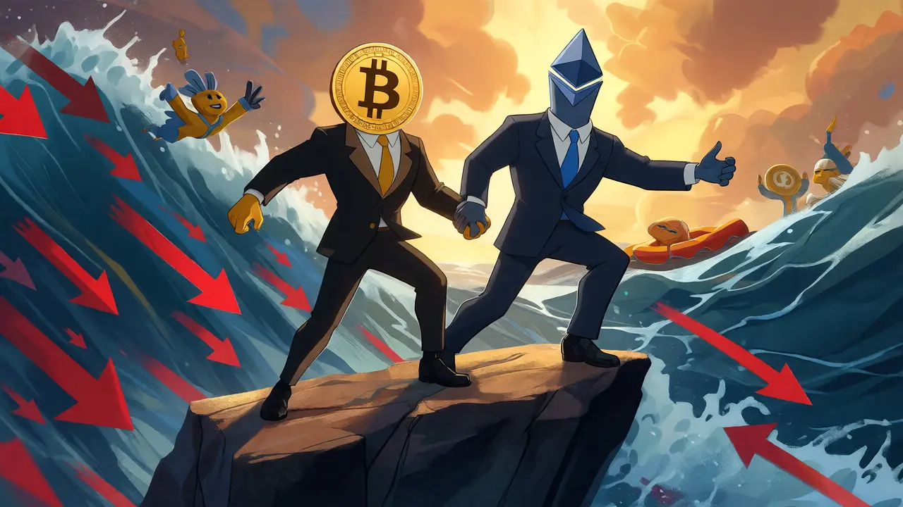 Bitcoin and Ethereum characters holding hands during market storm