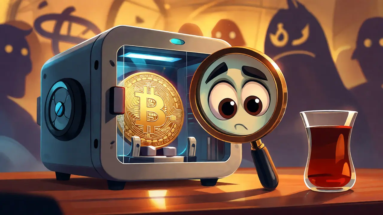 Cartoon vault inspecting Bitcoin security with global exchanges in background