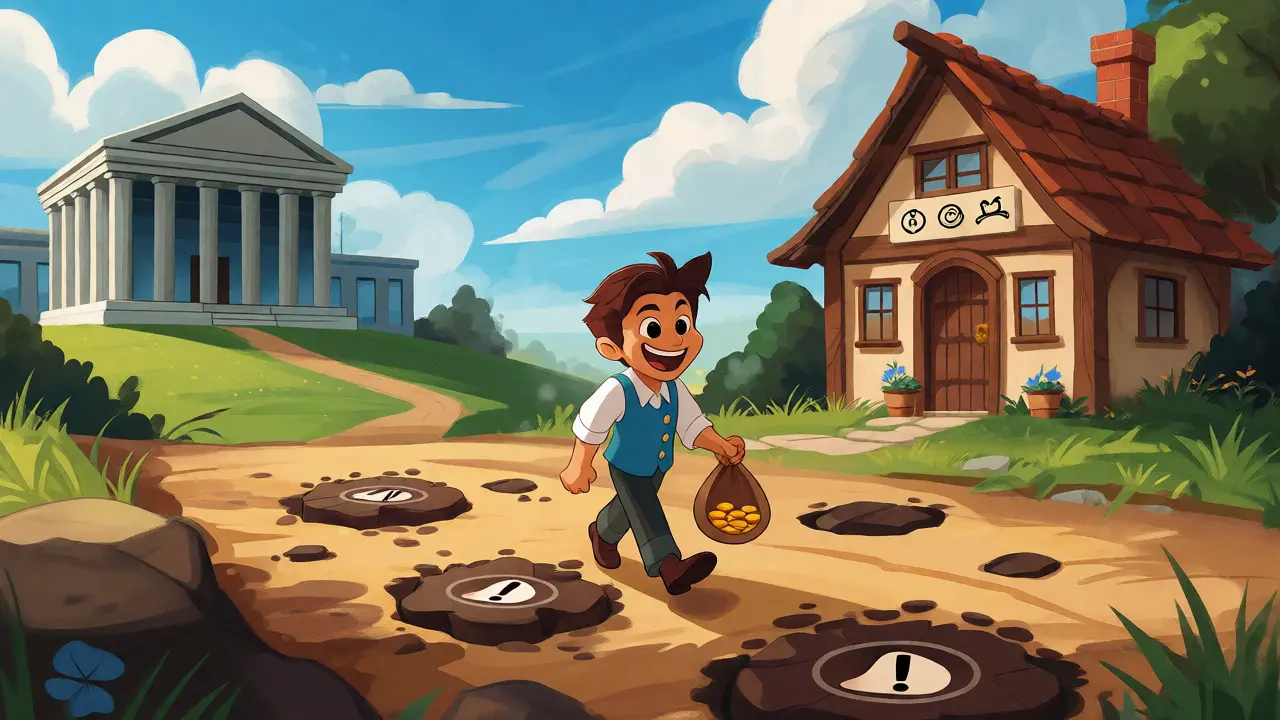 Character walking a direct path from bank to crypto cottage representing easy conversion