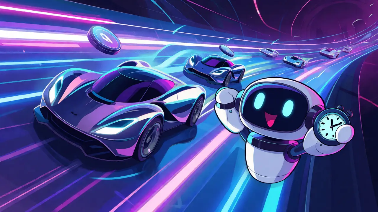 Crypto token race cars speeding on a light track with a cheering robot.