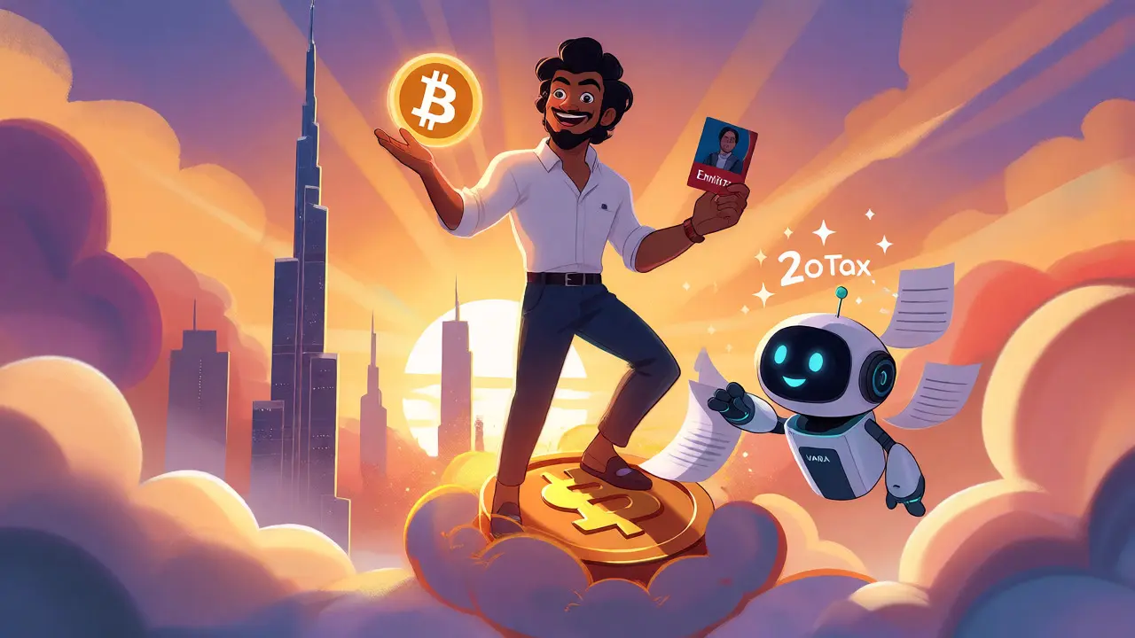 Happy trader celebrating zero-tax freedom with Dubai skyline and Bitcoin.