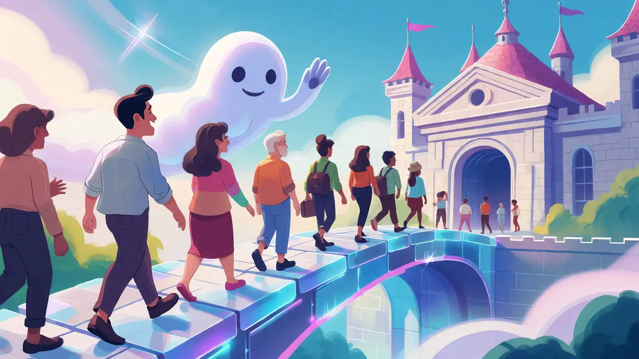 Happy users crossing a digital bridge to a secure bank