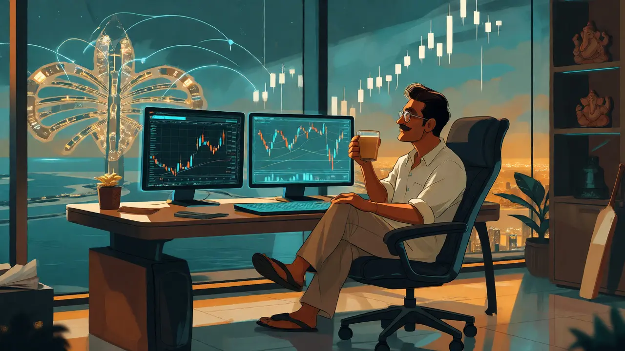 Relaxed trader in luxury Dubai apartment monitoring holographic crypto charts.