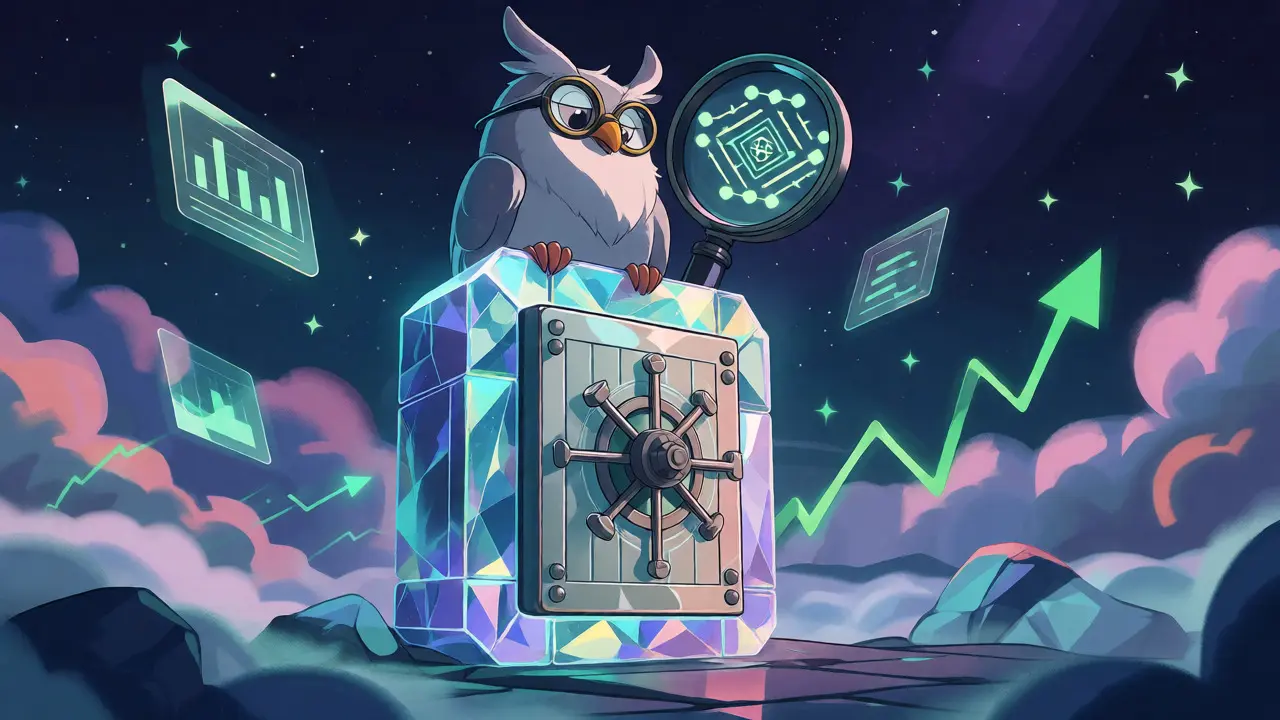 Wise owl guarding a crystal code vault under a starry night sky.