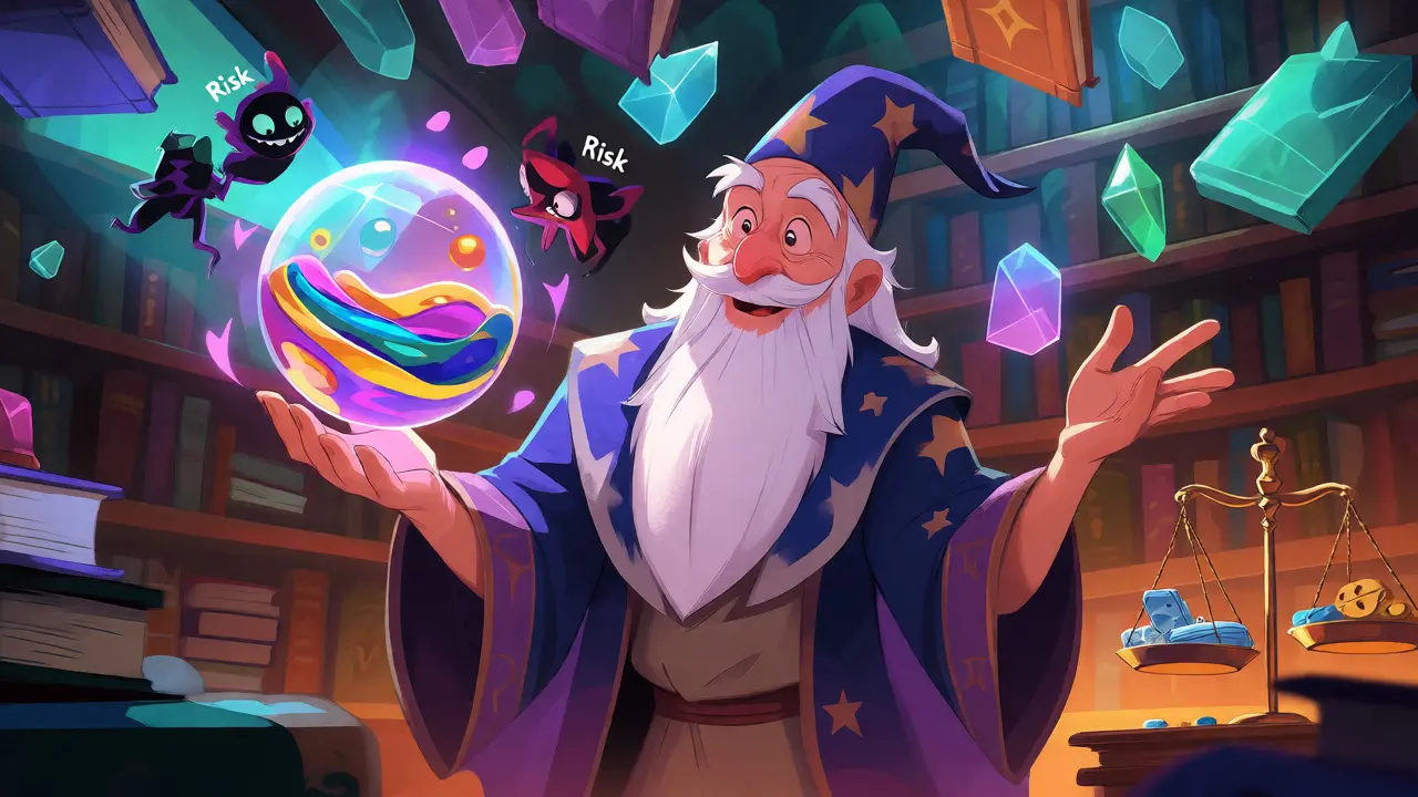 Wizard displaying mixed liquid orb representing diversified portfolio
